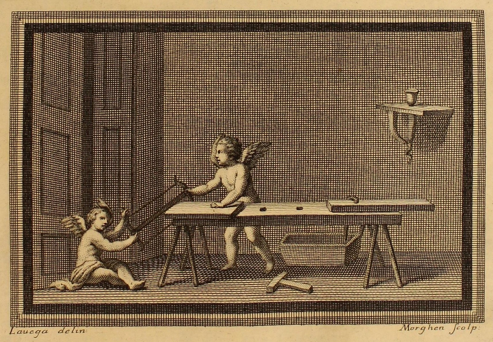 An 18th century engraving of two winged figures sawing a board on a Roman trestle workbench